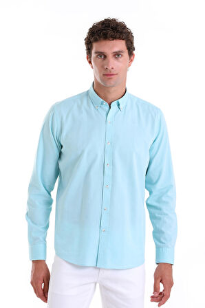 Su Yeşili Comfort Fit Düz 100% Pamuk Slim Yaka Uzun Kollu Casual Oxford Gömlek