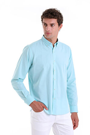 Su Yeşili Comfort Fit Düz 100% Pamuk Slim Yaka Uzun Kollu Casual Oxford Gömlek