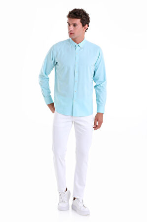Su Yeşili Comfort Fit Düz 100% Pamuk Slim Yaka Uzun Kollu Casual Oxford Gömlek