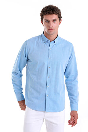 Turkuaz Comfort Fit Düz 100% Pamuk Slim Yaka Uzun Kollu Casual Oxford Gömlek
