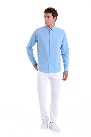 Turkuaz Comfort Fit Düz 100% Pamuk Slim Yaka Uzun Kollu Casual Oxford Gömlek