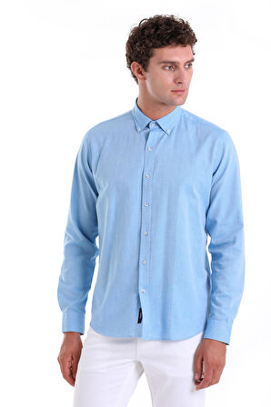 Turkuaz Comfort Fit Düz 100% Pamuk Slim Yaka Uzun Kollu Casual Oxford Gömlek