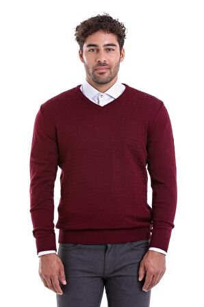 Erkek Bordo Regular Fit Desenli V Yaka Triko Kazak | M
