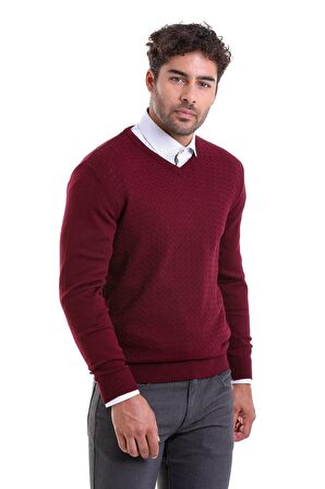 Erkek Bordo Regular Fit Desenli V Yaka Triko Kazak | M