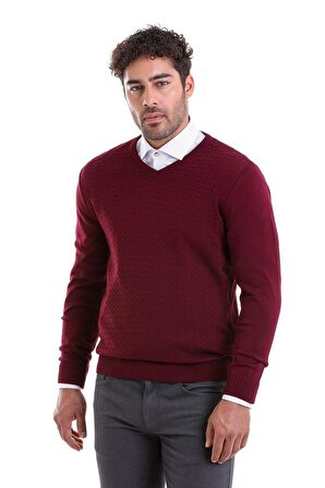 Erkek Bordo Regular Fit Desenli V Yaka Triko Kazak | M