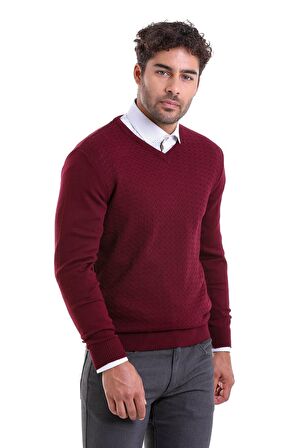 Erkek Bordo Regular Fit Desenli V Yaka Triko Kazak | XL