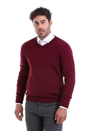 Erkek Bordo Regular Fit Desenli V Yaka Triko Kazak | XL