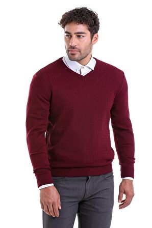 Erkek Bordo Regular Fit Desenli V Yaka Triko Kazak | XL