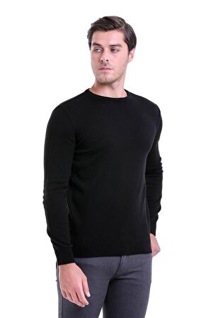 Siyah Bisiklet Yaka Regular Fit Triko Kazak | XXL