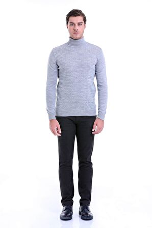 Gri Desenli Tam Balıkçı Yaka Regular Fit Triko Kazak | XL
