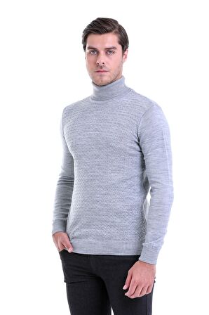 Gri Desenli Tam Balıkçı Yaka Regular Fit Triko Kazak | XL