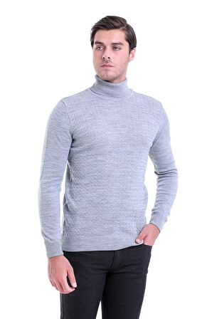 Gri Desenli Tam Balıkçı Yaka Regular Fit Triko Kazak | XL