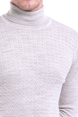 Bej Desenli Tam Balıkçı Yaka Regular Fit Triko Kazak | L