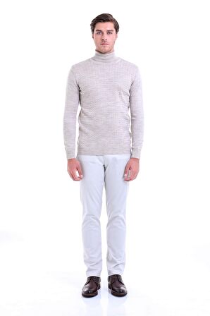 Bej Desenli Tam Balıkçı Yaka Regular Fit Triko Kazak | M