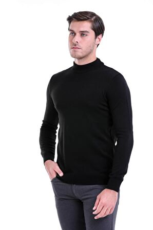 Siyah Yarım Balıkçı Regular Fit Triko Kazak | S