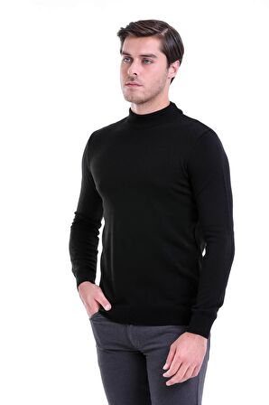 Siyah Yarım Balıkçı Regular Fit Triko Kazak | XL