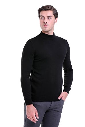 Siyah Yarım Balıkçı Regular Fit Triko Kazak | XL