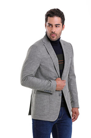 Gri Slim Fit Desenli Çift Düğme Keten Ceket | 48