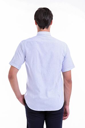 Mavi Çizgili Regular Fit Pamuklu Kısa Kol Gömlek | S