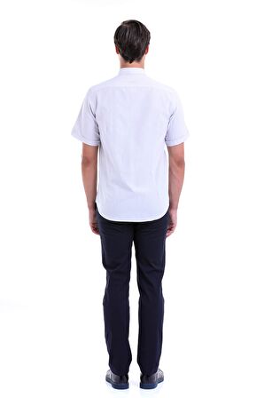 Gri Çizgili Regular Fit Pamuklu Kısa Kol Gömlek | S