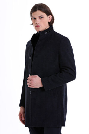 Lacivert Slim Fit Desenli Hakim Yaka Yünlü Kaşe Palto | XL