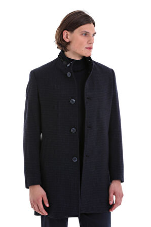 Lacivert Slim Fit Desenli Hakim Yaka Yünlü Kaşe Palto | XL