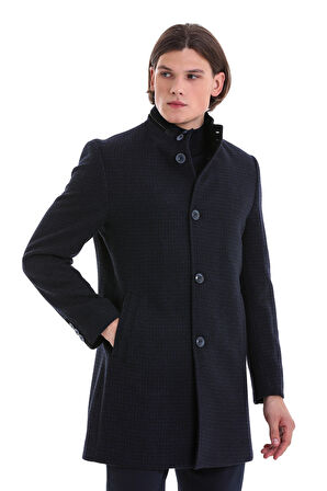 Lacivert Slim Fit Desenli Hakim Yaka Yünlü Kaşe Palto | XL