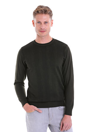 Haki Regular Fit Desenli Yün Bisiklet Yaka Triko Kazak | 3XL