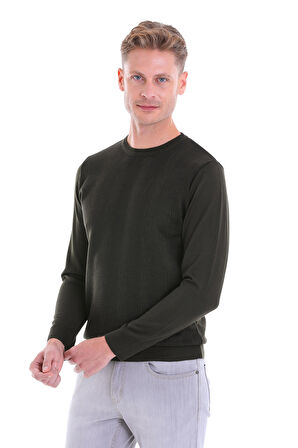 Haki Regular Fit Desenli Yün Bisiklet Yaka Triko Kazak | 3XL