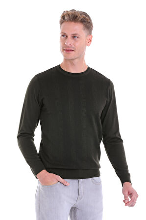 Haki Regular Fit Desenli Yün Bisiklet Yaka Triko Kazak | 3XL