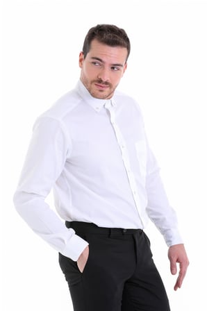 Beyaz Regular Fit Düz 100% Pamuk Uzun Kollu Gömlek