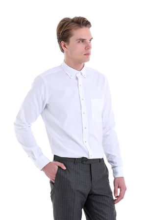 Beyaz Comfort Fit Uzun Kol Pamuklu Düz Gömlek