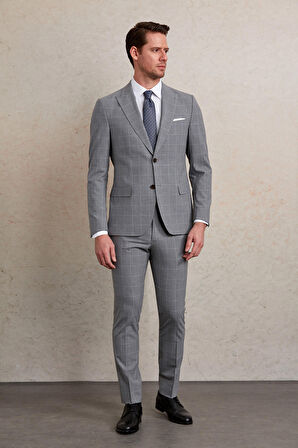 Kareli slim Fit Sivri Yaka Klasik Takım Elbise