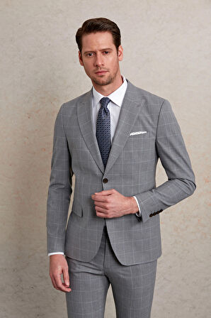 Kareli slim Fit Sivri Yaka Klasik Takım Elbise