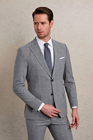 Kareli slim Fit Sivri Yaka Klasik Takım Elbise