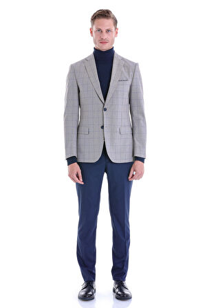 Lacivert Slim Fit Kareli Çift Düğme Takım Elbise | 54