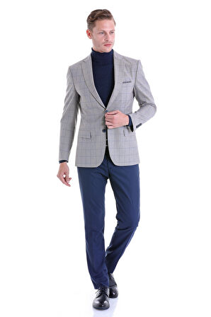 Lacivert Slim Fit Kareli Çift Düğme Takım Elbise | 56