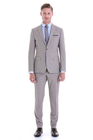 Bej Slim Fit Kareli Çift Düğme Takım Elbise | 50