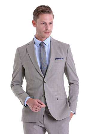 Bej Slim Fit Kareli Çift Düğme Takım Elbise | 50