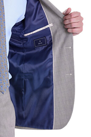 Bej Slim Fit Kareli Çift Düğme Takım Elbise | 50