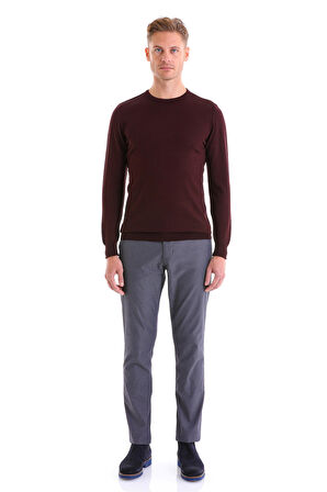 Bordo Regular Fit Düz Yün Bisiklet Yaka Triko Kazak | XXL