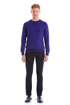 Saks Mavi Regular Fit Düz Yün Bisiklet Yaka Triko Kazak | S