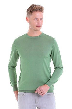Yeşil Regular Fit Düz Yün Bisiklet Yaka Triko Kazak | XL
