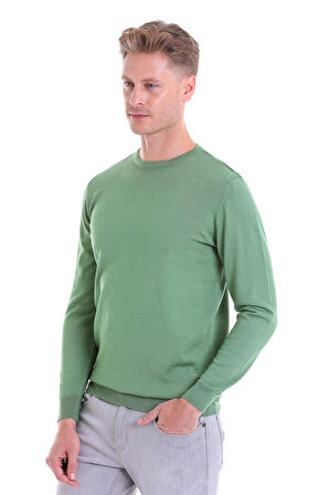 Yeşil Regular Fit Düz Yün Bisiklet Yaka Triko Kazak | XL