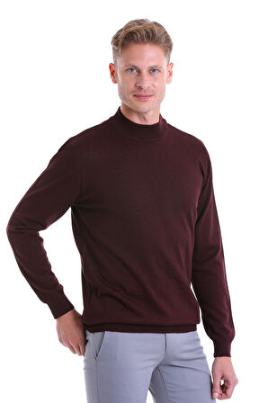 Bordo Regular Fit Düz Yün Yarım Balıkçı Yaka Triko Kazak | M