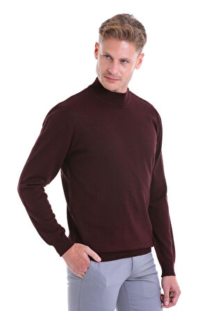 Bordo Regular Fit Düz Yün Yarım Balıkçı Yaka Triko Kazak | M