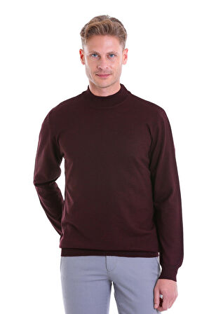 Bordo Regular Fit Düz Yün Yarım Balıkçı Yaka Triko Kazak | M