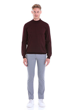 Bordo Regular Fit Düz Yün Yarım Balıkçı Yaka Triko Kazak | M
