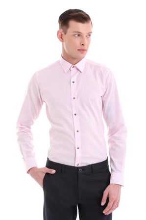 Pembe Comfort Fit Çizgili %100 Pamuklu Slim Yaka Uzun Kollu Casual Gömlek | S