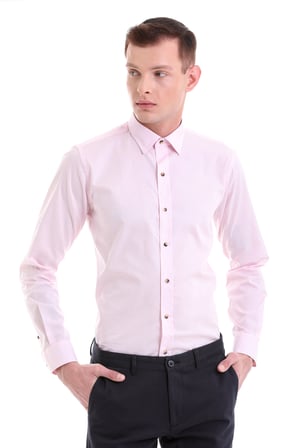 Pembe Comfort Fit Çizgili %100 Pamuklu Slim Yaka Uzun Kollu Casual Gömlek | S